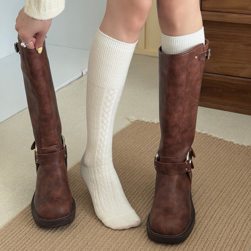 Women's socks, calf-length socks, autumn and winter long socks, ribbed socks, striped socks, pure cotton knee-high socks, Korean-style versatile half-length socks