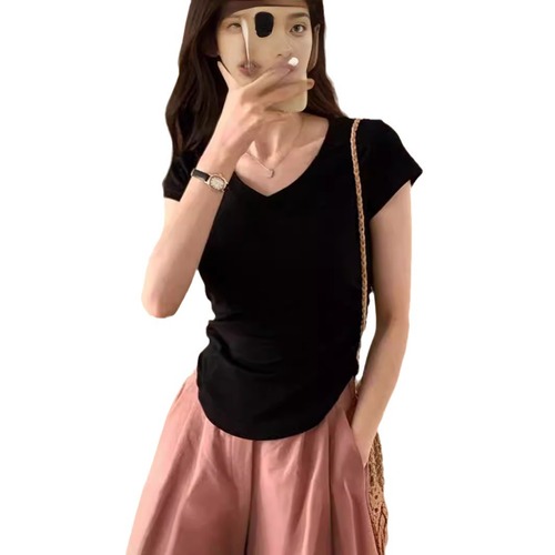 2025 Summer Spicy Girl Asymmetrical V-Neck Pure Desire Style Base Short-Sleeve T-Shirt Design Sensory Slimming High-Waisted Short Top