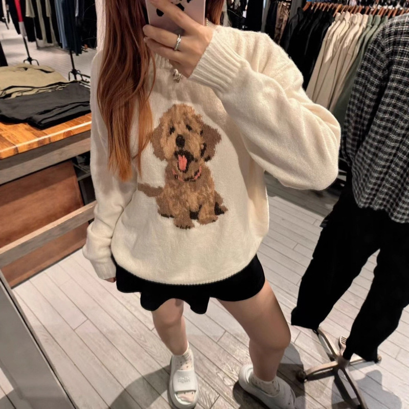 Hollister Little Seagull Jacquard Golden Retriever Puppy Cartoon Round Neck Knitwear Loose Lazy Style Knitwear for Women