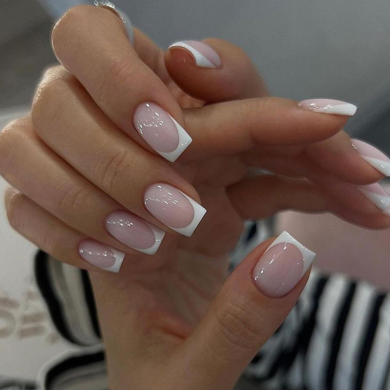 Simple Nude Color Manicure, Fake Nails, Classic French White Edge Wearable Nails, Short European Square Nail Pieces Wholesale