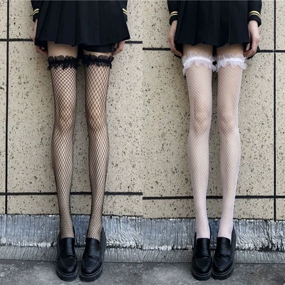 Белые кружевные колготки с бантом, черные носки, стиль Lolita, середина голени