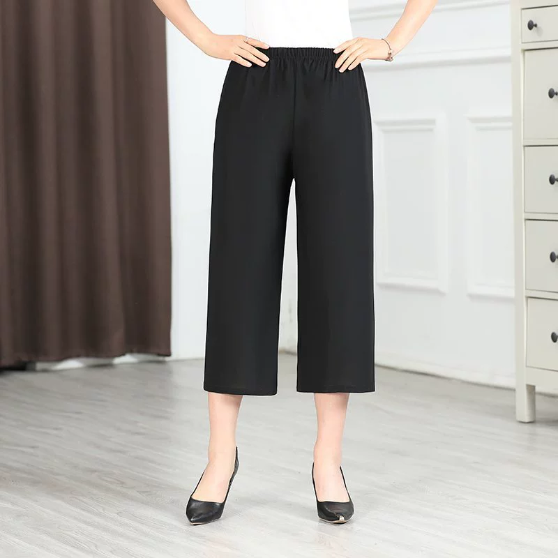 Новые летние свободные широкие брюки для мам среднего и пожилого возраста, повседневные брюки с высокой талией, тонкие, с рукавами три четверти и эластичной резинкой на талии.