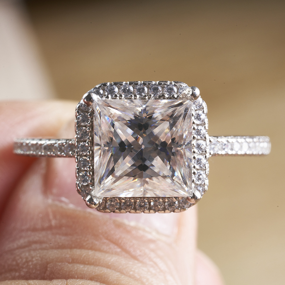 3 quilates princesa anillo de piedra de mosaico de plata esterlina 925 incrustado color D VVS3ex corte certificado de correa de mosaico transfronterizo