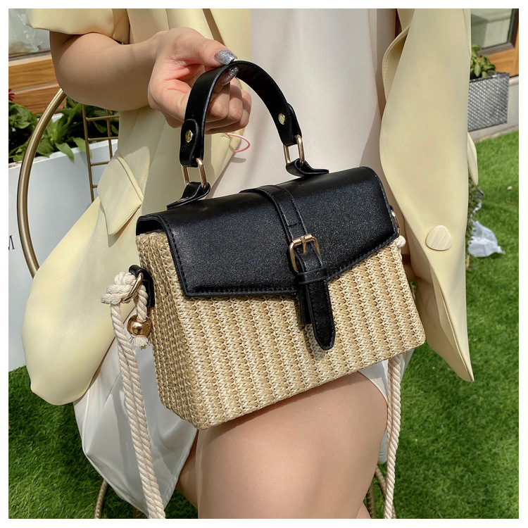 Fashion Contrast Color Straw Messenger Portable Small Square Bag Wholesale display picture 3