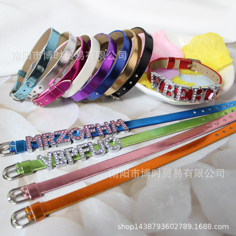 DIY Metallic Leather Letter Bracelet Wristband 8MM Letter PU Leather Metallic Leather Smooth Wristband