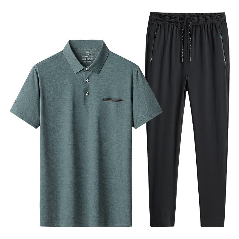 Conjunto de dos piezas de camisa polo de seda helada para hombre, ideal para el verano, estilo casual de negocios para hombres de mediana edad y mayores, con solapa y manga corta, de secado rápido. image 10