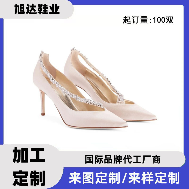Satin Crystal-Embellished Fashion Shoes Oem Processing European and American Pointed Toe Stiletto Crystal-Embellished High Heels Dongguan Processing and Customization