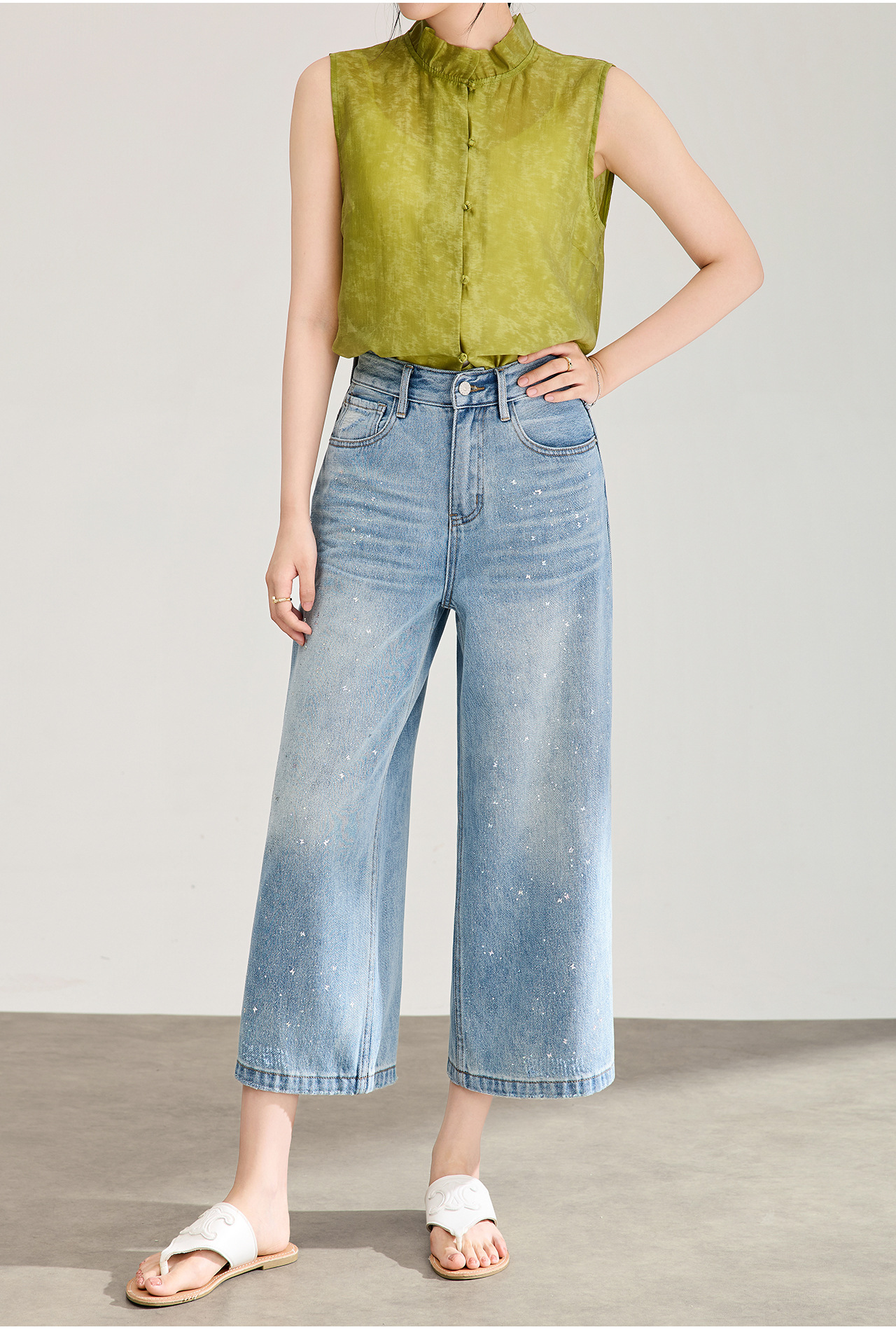 Quần jean nữ ống rộng cạp cao chất cotton mài trắng phối sequin bướm — xanh lam chi tiết 2