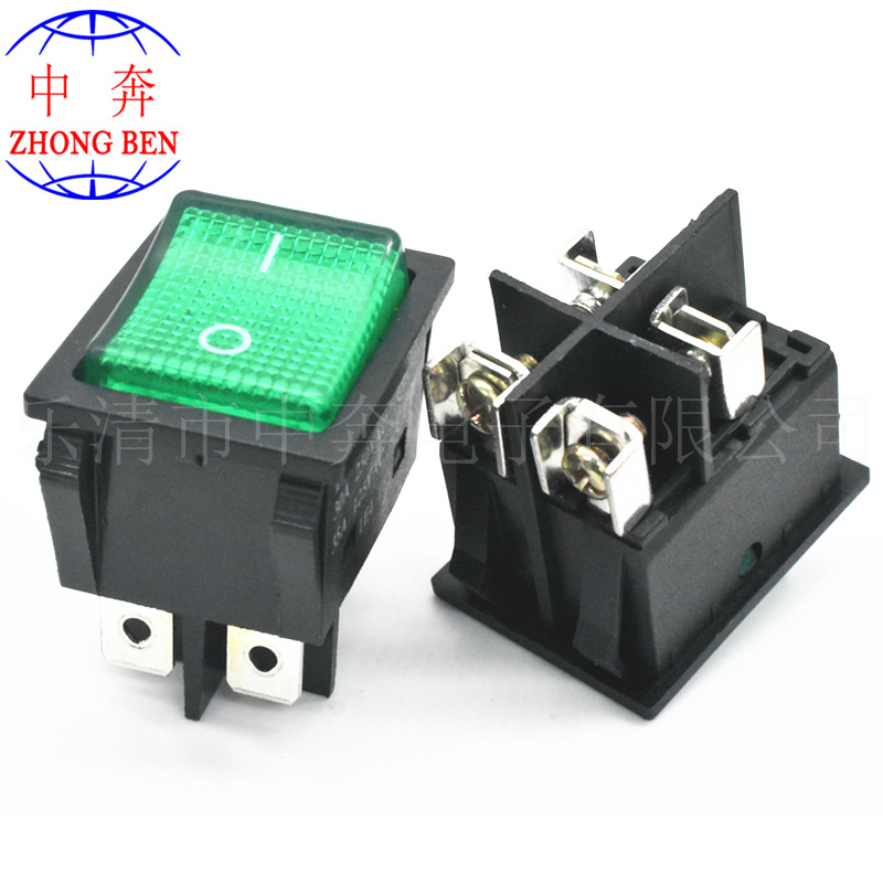 KCD4 双卡位 螺丝脚 绿色带灯 4脚2档 30A 大电流 7500W 船型开关