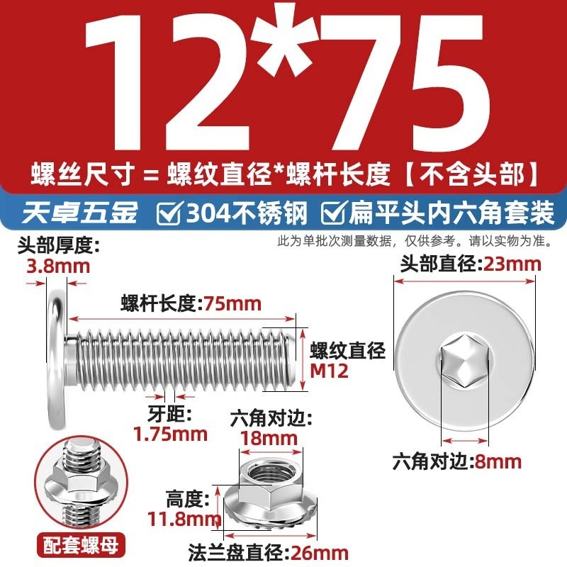 304不锈钢CM大平头超薄头C头扁平头内六角螺丝钉法兰边螺母套装M5|undefined