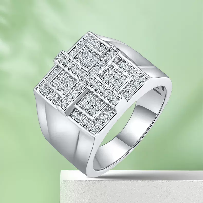 S925银莫桑石男戒欧美跨境新款豪镶D级莫桑钻男士戒指厂家批发