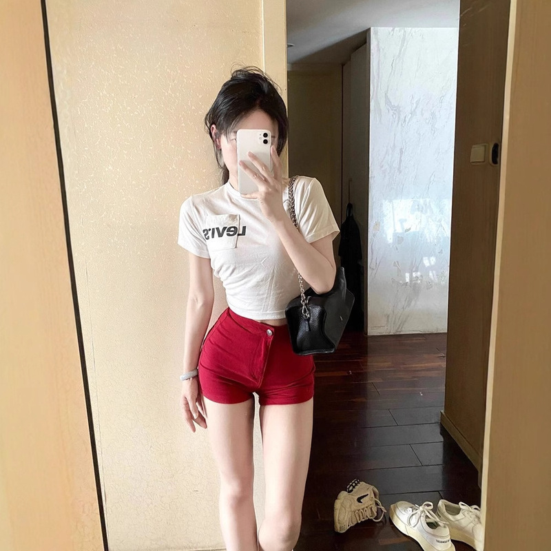 American-Style Spicy Girl Red Denim Shorts for Women, Elastic Slimming Hot Pants, High-Waisted, Hip-Lifting, Slim-Fit A-Line Ultra-Short Shorts