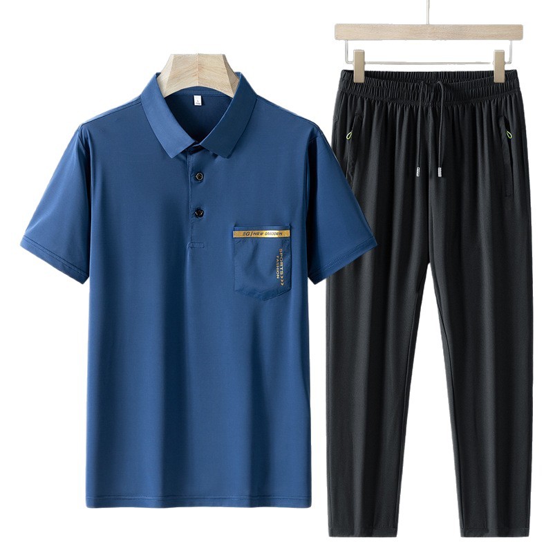 Traje de seda de hielo de verano, polo para hombre, traje casual de manga corta de solapa delgada de dos piezas, pantalones sueltos de secado rápido para hombre