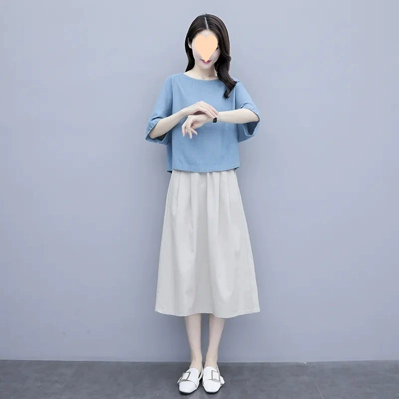 Льняное платье для женщин лето 2025, новое, стройнящее, скрывающее живот, двухкомпонентный костюм, элегантная популярная юбка, тренд