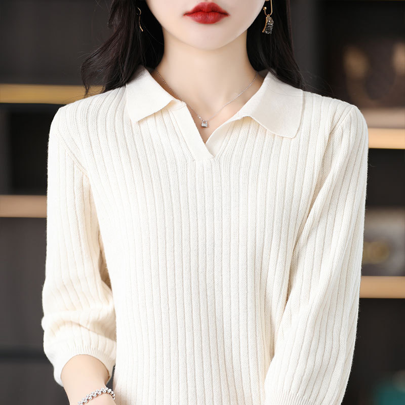 New Style 100% Cotton Three-Quarter Sleeve Polo Collar Knitted Women's Loose Half-Sleeve Commuter Knit Outerwear Top