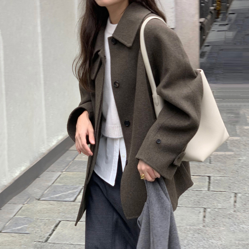 INS博主款法式气质复古翻领单排扣中长款毛呢外套女宽松休闲上衣|undefined