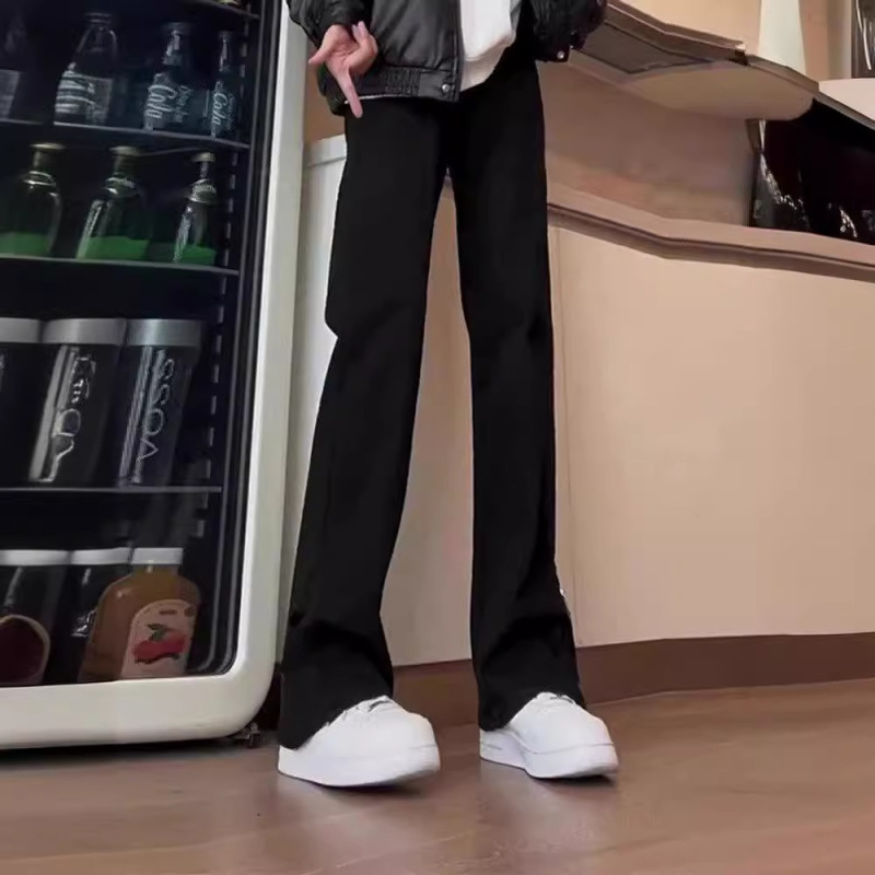 黒いズボンの男性のスリムな微弾力のズボンのアメリカの高い街のvibeのズボンのootdはまっすぐな筒の微ラッパのズボンに乗ります。|undefined