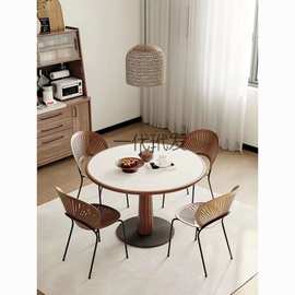 实木新中式岩板圆形餐桌小户型家用洽谈小圆桌简约纯白饭桌椅