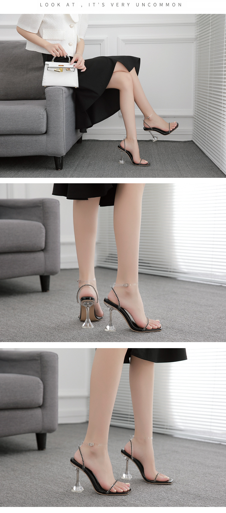 PVC rhinestone word square toe crystal high-heeled sandals NSZLX117594