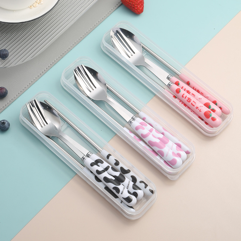 Ins-style cartoon portable tableware set of stainless steel chopsticks, spoons, and forks - a three-piece set for students, outdoor, and travel