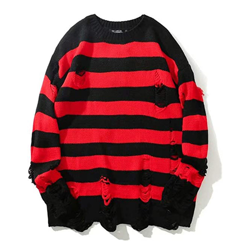 Y2K Men's Striped Sweaters Washed Destroyed Ripped Sweater Men Hole Knit Jumpers Men Oversized Sweater Harajuku_voghion.com