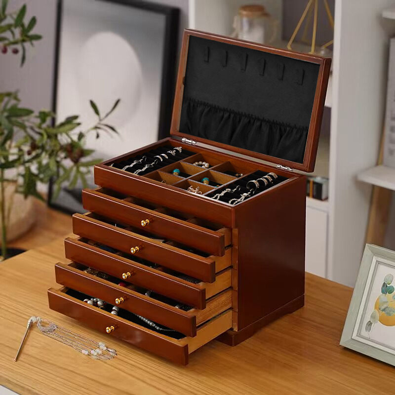 Fábrica transfronteriza caja de joyería de madera pendientes collar caja de almacenamiento caja de joyería de madera maciza vintage caja de anillo de joyería