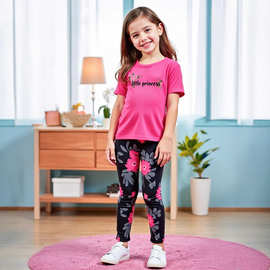 女童夏款 玫粉色短袖上衣+黑色印花打底长裤套装 跨境童装货源