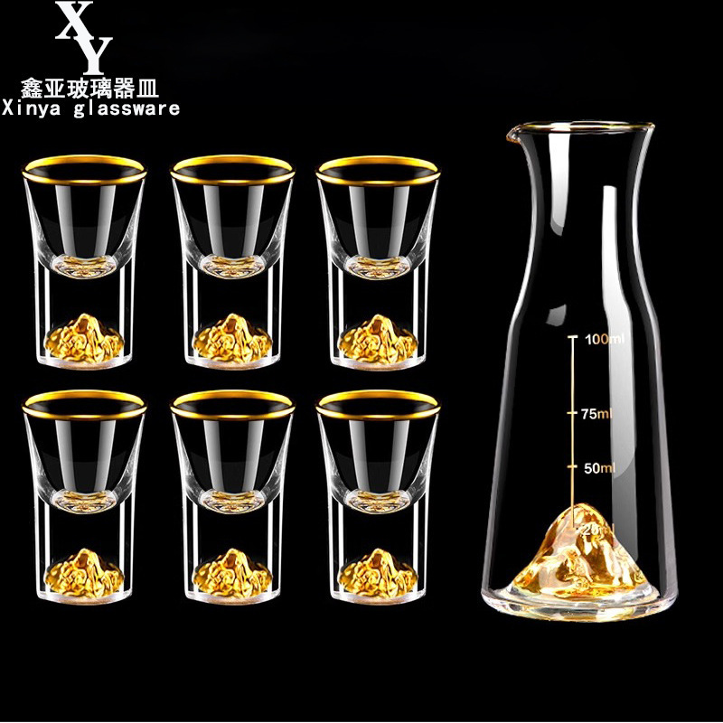 Copa de licor de lámina de oro conjunto de vidrio de cristal dos dos puntos jar Jinshan taza de bala porta taza doméstica mayorista