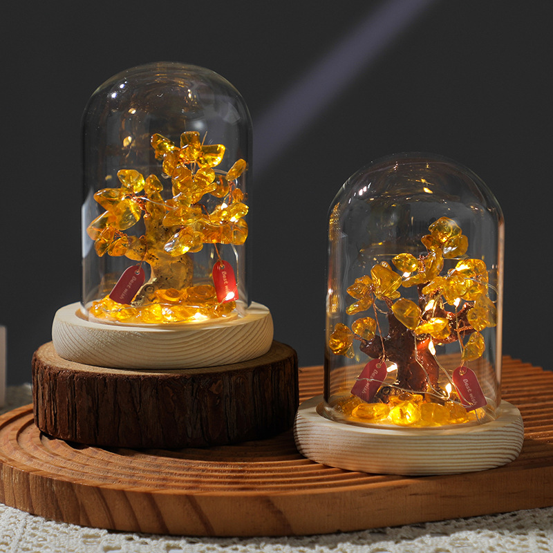 黄水晶招财树摇钱树diy发光小夜灯桌面摆件家居装饰品开业礼品