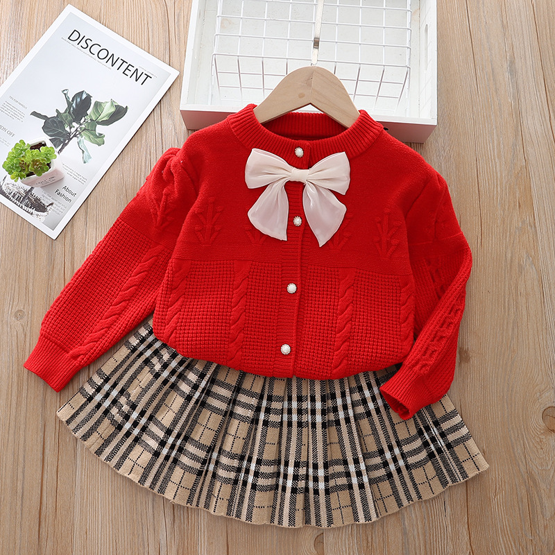 2023 neue kinder frauen Schatz Pullover Mädchen Gestrickte Bogen Rock Zwei Stück Set Modische_voghion.com