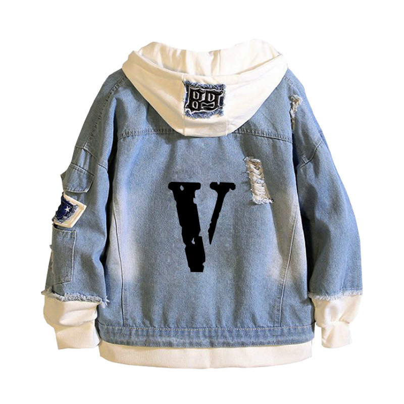 Vlone Big V Classic European and American Fashion Brand Sweater Spring and Autumn Men's Hoodie Korean Fashion Fake Two-piece Denim Jacket