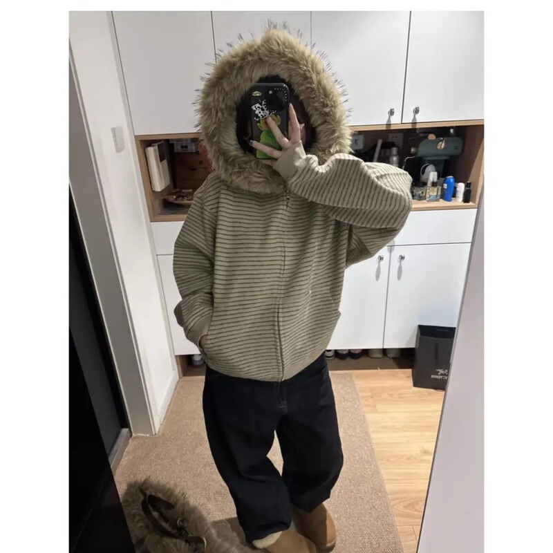Niche Korean Style Fur Collar Fluffy 2025 New Retro Hooded Sweatshirt for Men and Women Autumn and Winter Loose Slim Cardigan Jacket