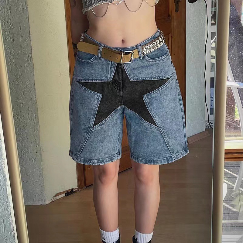 Pantaloncini da donna di tendenza street pantaloni larghi in denim con stella a cinque punte a contrasto_voghion.com