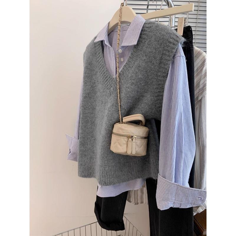 V-Neck Sweater Vest Women's Autumn and Winter Inner Shirt Stacked Knitted Vest Two-Piece Suit Small Waistcoat
