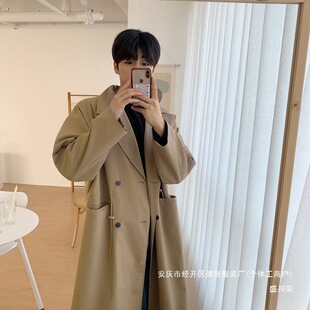 2025 New Coat British Style Spring and Autumn Jacket Men's Korean Version Khaki Long Trench Coat Loose Stylish Trendy Long