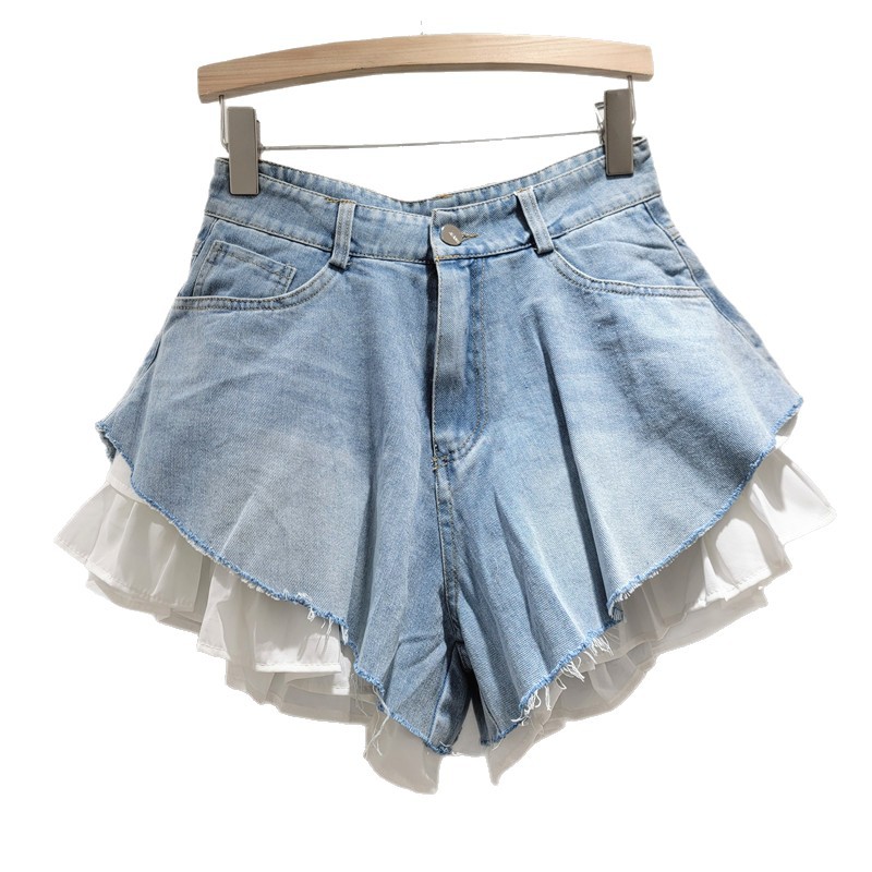 Pantalones Cortos Jeans de Doble Capa Falsa Mezclilla Cintura Alta para Mujer