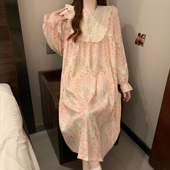 2025 pijama de otoño mujer delgado tejido pijama nubes de algodón de encaje dulce princesa vestido de vestir al por mayor