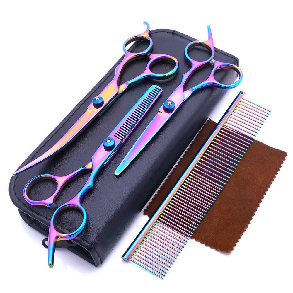 Tijeras de acero inoxidable para mascotas al por mayor de fábrica, tijeras curvas de color de 7 pulgadas, tijeras finas, juego de tijeras de reparación para mascotas