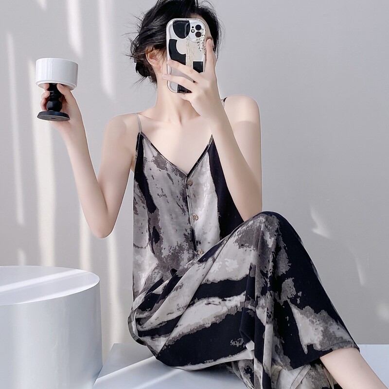 New Summer Cotton Silk New Chinese Style Sling Pajamas Women's Loose Vacation Fashion Sleeveless Pants Home Clothes suit