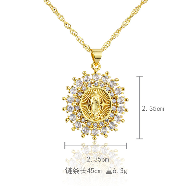 European and American Virgin Mary inlaid zirconium round copper necklace