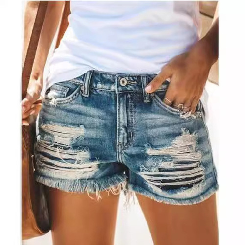 Elegant Commute Summer Short Pants, Washed High-Waisted Blue Dark Cotton Denim Women's Regular Jeans