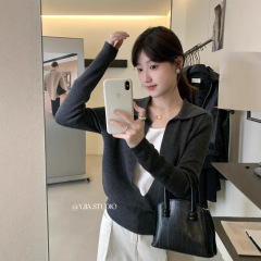 Y.JIA伊嘉秋季韩系淑女简约百搭高级感假两件翻领设计感针织衫女