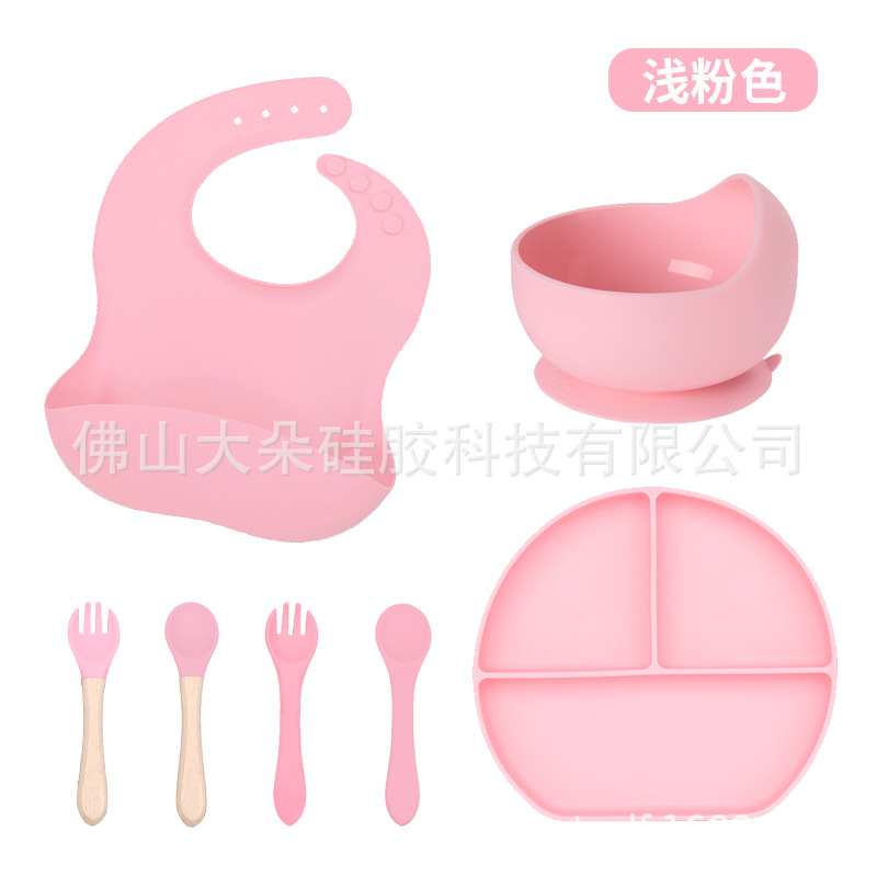 Precio bajo de la fábrica libre combinación de silicona bebé placa niños suplemento alimenticio tazón cuchara taza de agua babero traje