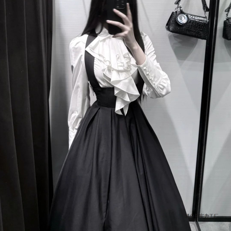 2025新款黑鸢尾lolita背带sk神久夜哥特风灯笼袖长袖衬衫两件套装|undefined