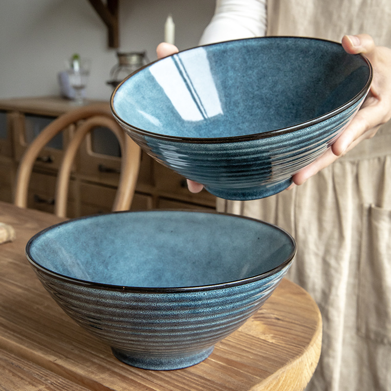 Tazón de fideos azules de Sydney de alto valor Tazón de ramen con sombrero de hilo de 8 pulgadas Tazón grande de cerámica retro Tazón de sopa Exportación transfronteriza