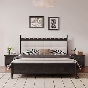 L*French Mid-Century Style Solid Wood Single and Double Kidsren's Bed 1.2/ 1.5m White Retro 1.8m Master Bedroom Soft Bag