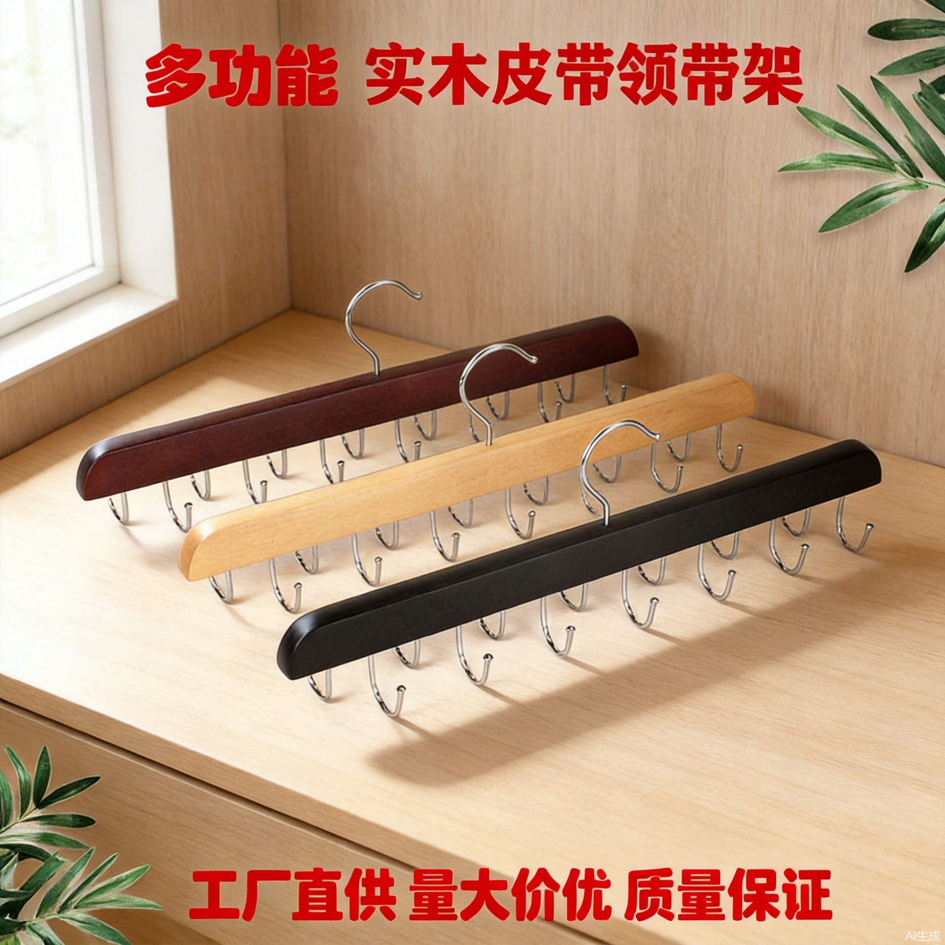 Multifunctional solid wood multi-hook non-slip seamless 14 hook Tie Rack clothing store bag belt scarf rack belt hanger