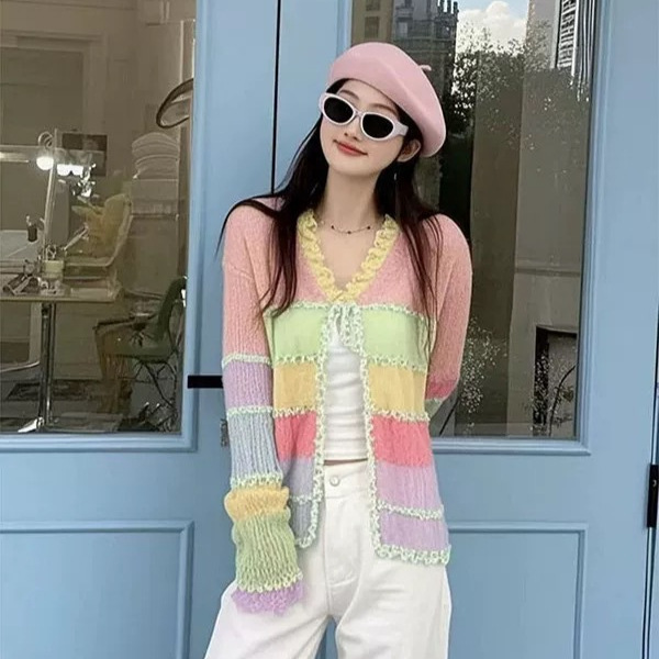 Rainbow Stripesd Splicing Knitted Lace-Up Cardigan 2025 Spring & Fall New Loose Slimming Look Long-Sleeved Top Thin Jacket for Women Rainbow Stripesd Splicing Knitted Lace-Up Cardigan 2025 Spring & Fall New Loose Slimming Look Long-Sleeved Top Thin Jacket for Women