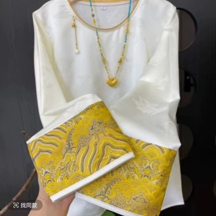 2025 новый китайский стиль свободный топ ретро элегантный круглый вырез жаккардовая рубашка с длинным рукавом женская тренд