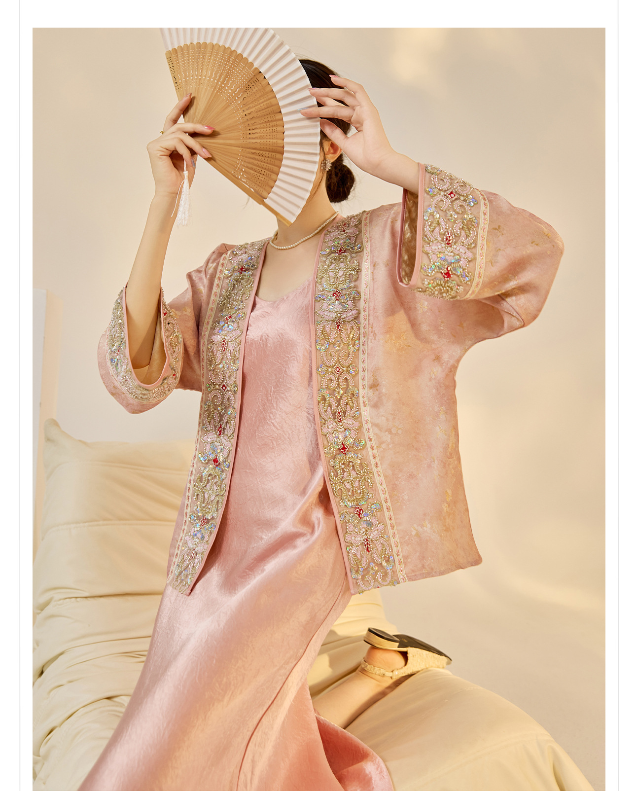 Áo khoác cardigan thêu hoa nặng kiểu Trung Hoa mới, đính cườm cao cấp N7065 — hồng chi tiết 9